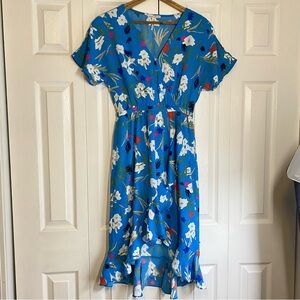J. Crew Mercantile Floral Blue Midi Dress Hi Low Hem Ruffle XS
